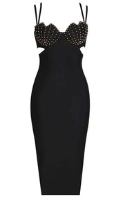 MIDIKLEID MIT MUSCHELTRÄGERN UND PERLEN IN SCHWARZ